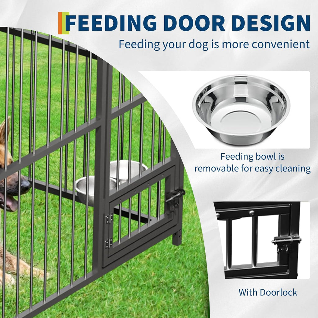 Garvee Outdoor Heavy Duty Large Dog Kennel, Walk-in Dog Cage with Metal Gate & Secure Lock, Large Dog Enclosure with Waterproof Roof, Includes Feeding Doors & Bowls for Backyard, 10x15x6 ft