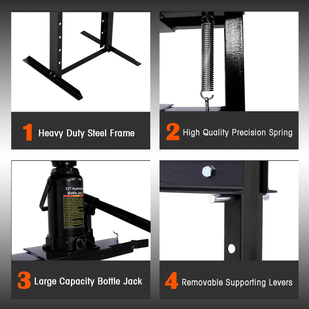 Garvee 12 Ton Hydraulic Press Adjustable Shop Press With Plates For Garage Floor Black