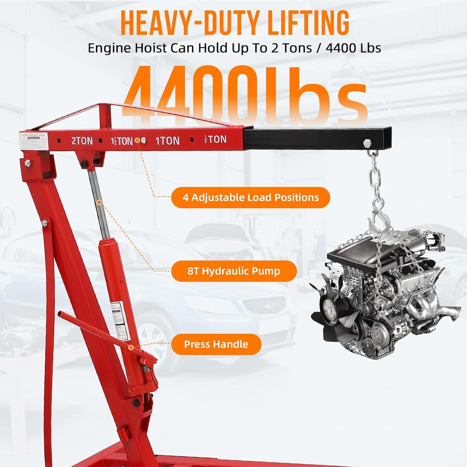 Garvee 2T Folding Hydraulic Crane With Triangular Structure And Wheels For Automotive Repair Shops, Workshops, Warehouses, Carbon Steel, Foldable Design