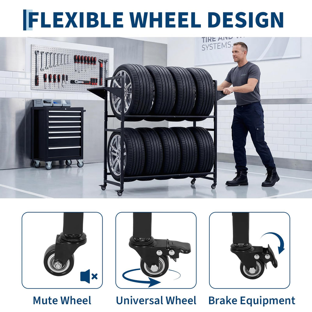 Garvee Tire Storage Rack Adjustable Rolling with Anti-Dust Cover for Garage Organization 57" x 18" x 55", Black