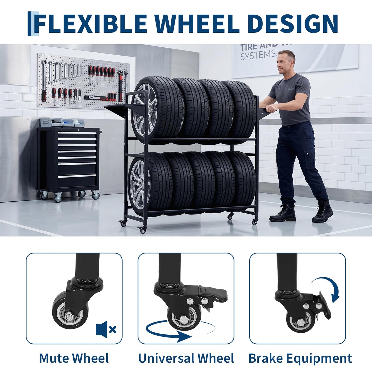 Garvee Tire Storage Rack Adjustable Rolling with Anti-Dust Cover for Garage Organization, 44" x 16" x 44", Black, 4 Swivel Casters & 2 Shelves