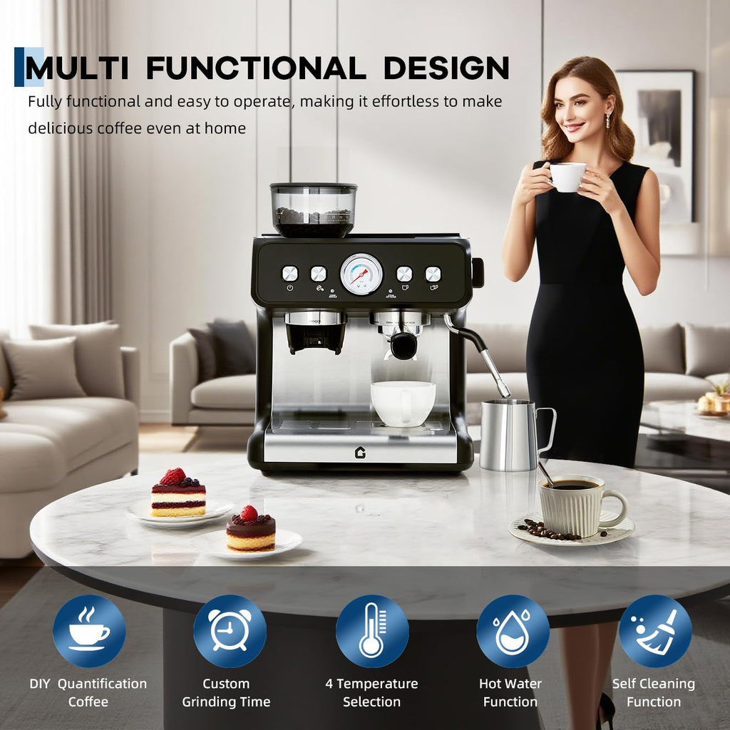 Garvee 20-Bar Stainless Steel All-in-One Espresso Machine with Grinder - 2.8L Removable Water Tank, Milk Frother Steam Wand, Adjustable Shot Volume for Latte and Cappuccino, Professional for Home and Office Use