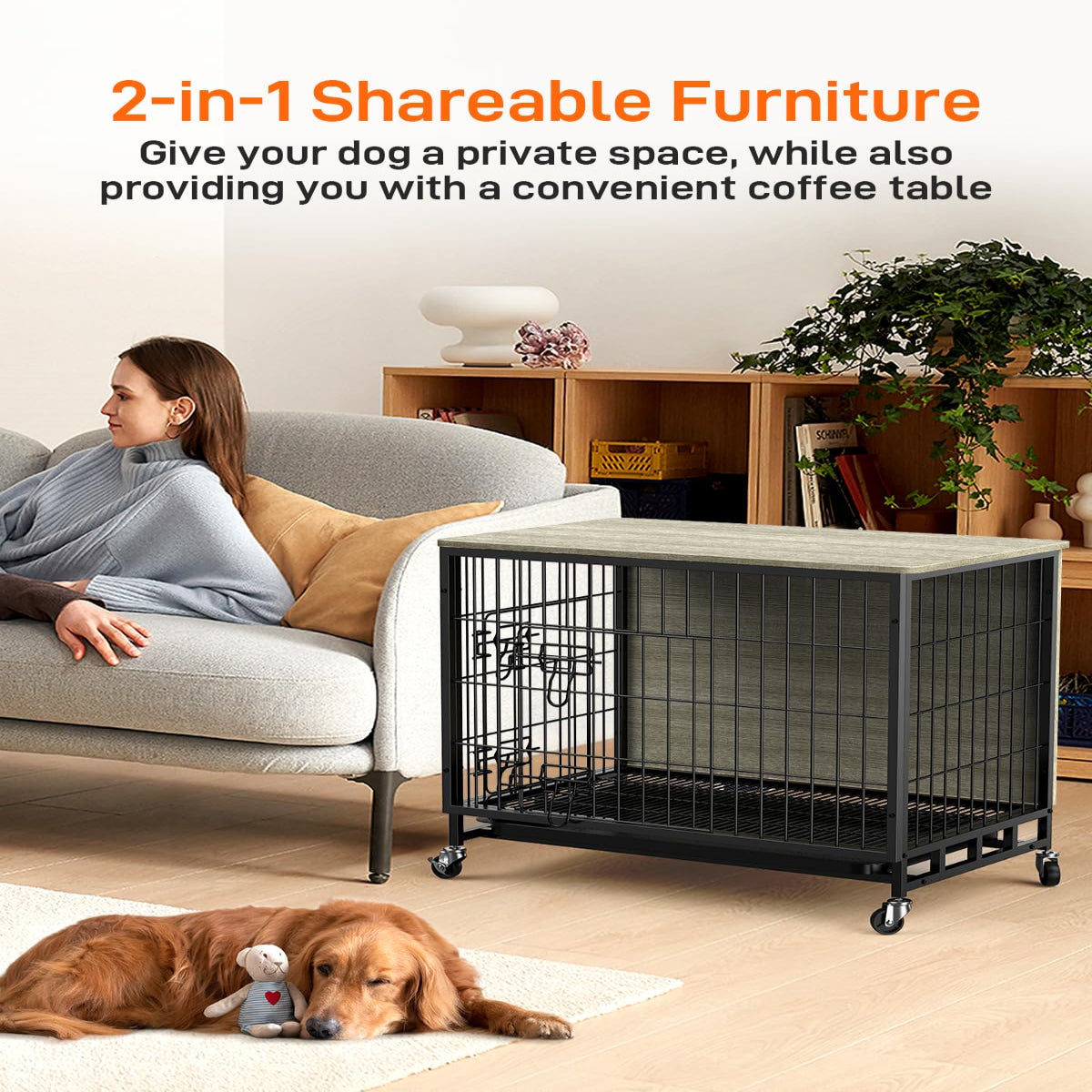 Garvee Dog Crate Furniture, Deluxe Wooden Dog Kennel with Removable Tray and Wheels, Heavy-Duty Double-Doors 38.6" Dog Cage End Table, Indoor Dog House for Large Dogs, Grey