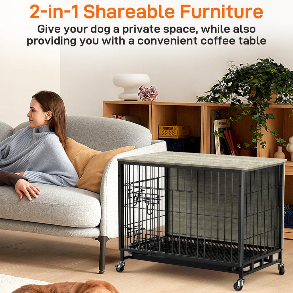 Garvee 27.2" Dog Crate Furniture with Cushion, Dog Kennel Indoor with Wheels, Dog Crate End Table with Tray with Double Doors for Small Dog, Grey