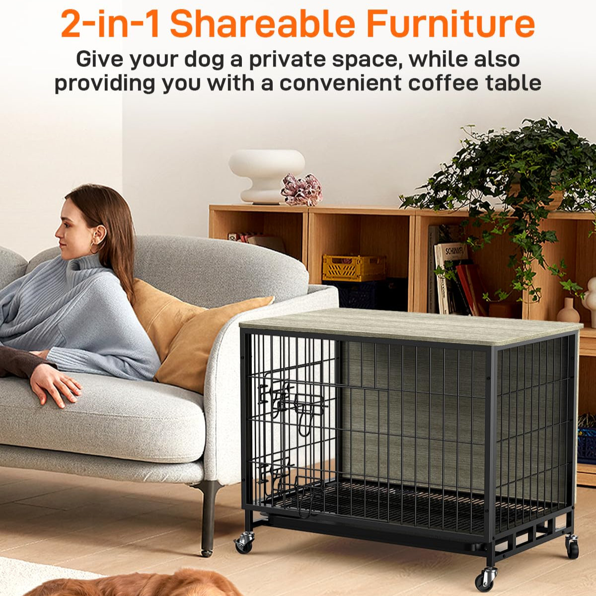 Garvee 27.2" Dog Crate Furniture with Cushion, Dog Kennel Indoor with Wheels, Dog Crate End Table with Tray with Double Doors for Small Dog, Grey
