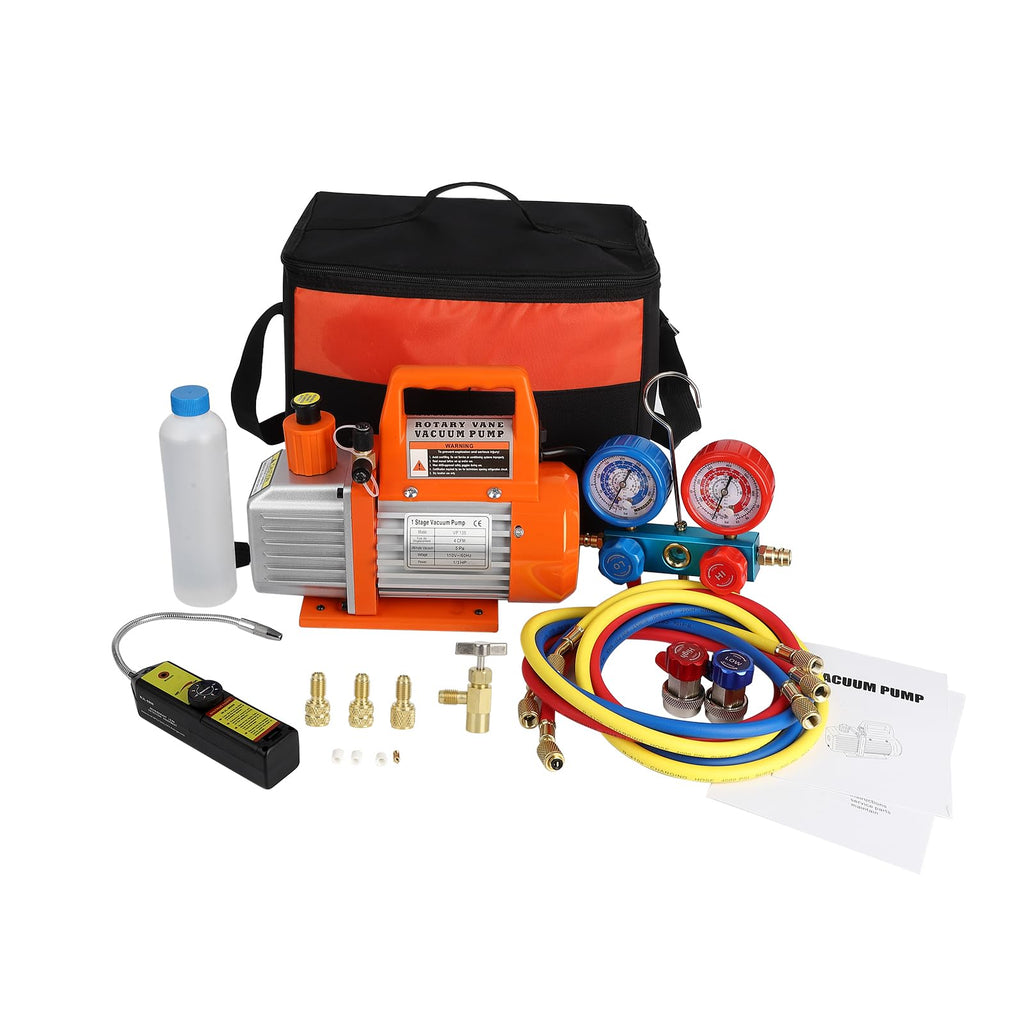 Garvee 110V 1/3 HP 4CFM Single Stage Rotary Vane Air Vacuum Pump and R134a AC Manifold Gauge Set Kit with Leak Detector Carry Bag for HVAC Air Conditioning Refrigeration Recharging ETL Listed