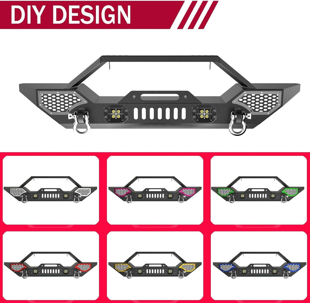 Garvee Front Bumper Compatible with Wrangler TJ 1997-2006, Full Width Off-Road Rock Crawler Bumper with 2 LED Lights, Heavy Duty Steel, Black