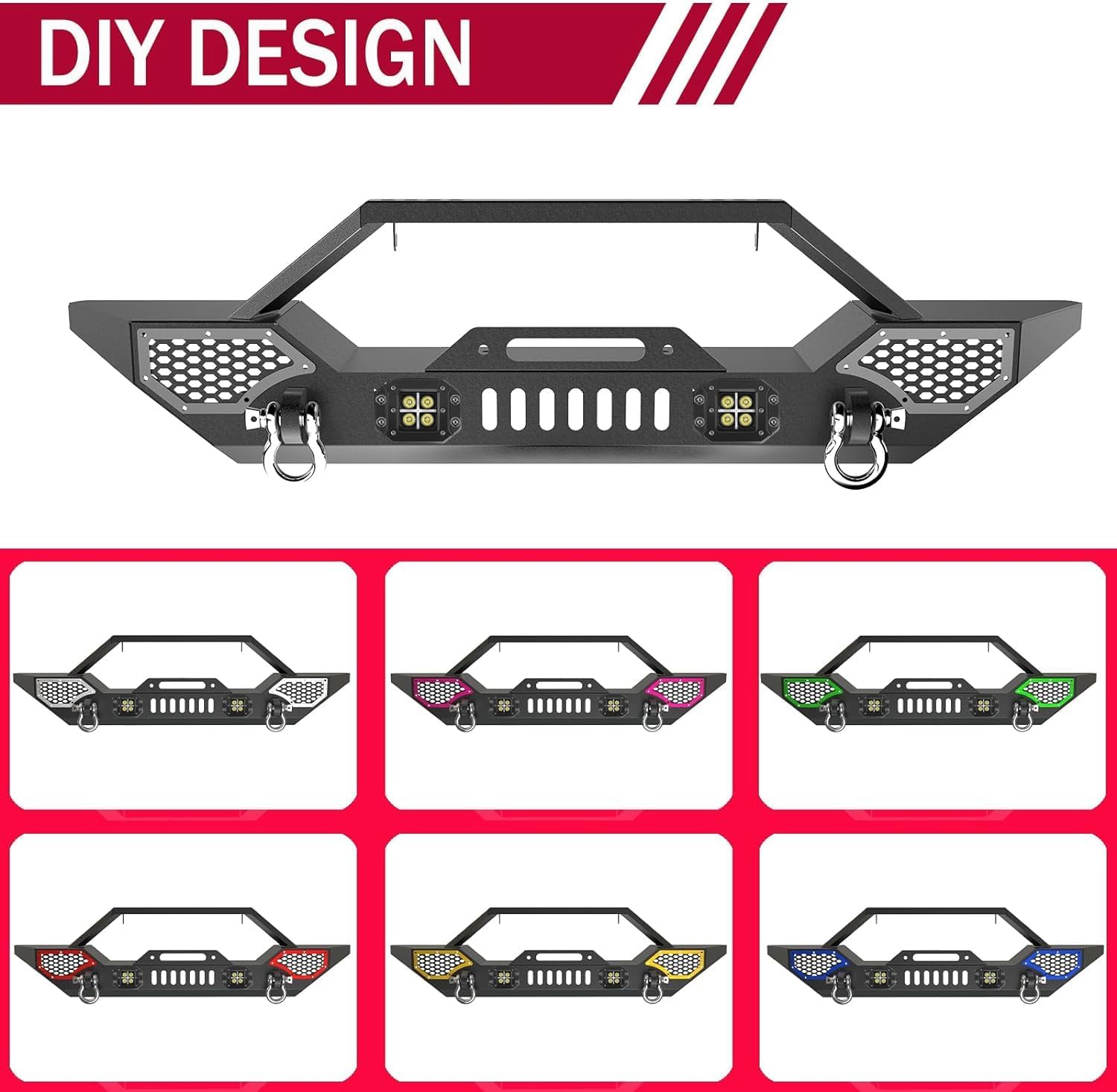 Garvee Front Bumper Compatible with Wrangler TJ 1997-2006, Full Width Off-Road Rock Crawler Bumper with 2 LED Lights, Heavy Duty Steel, Black