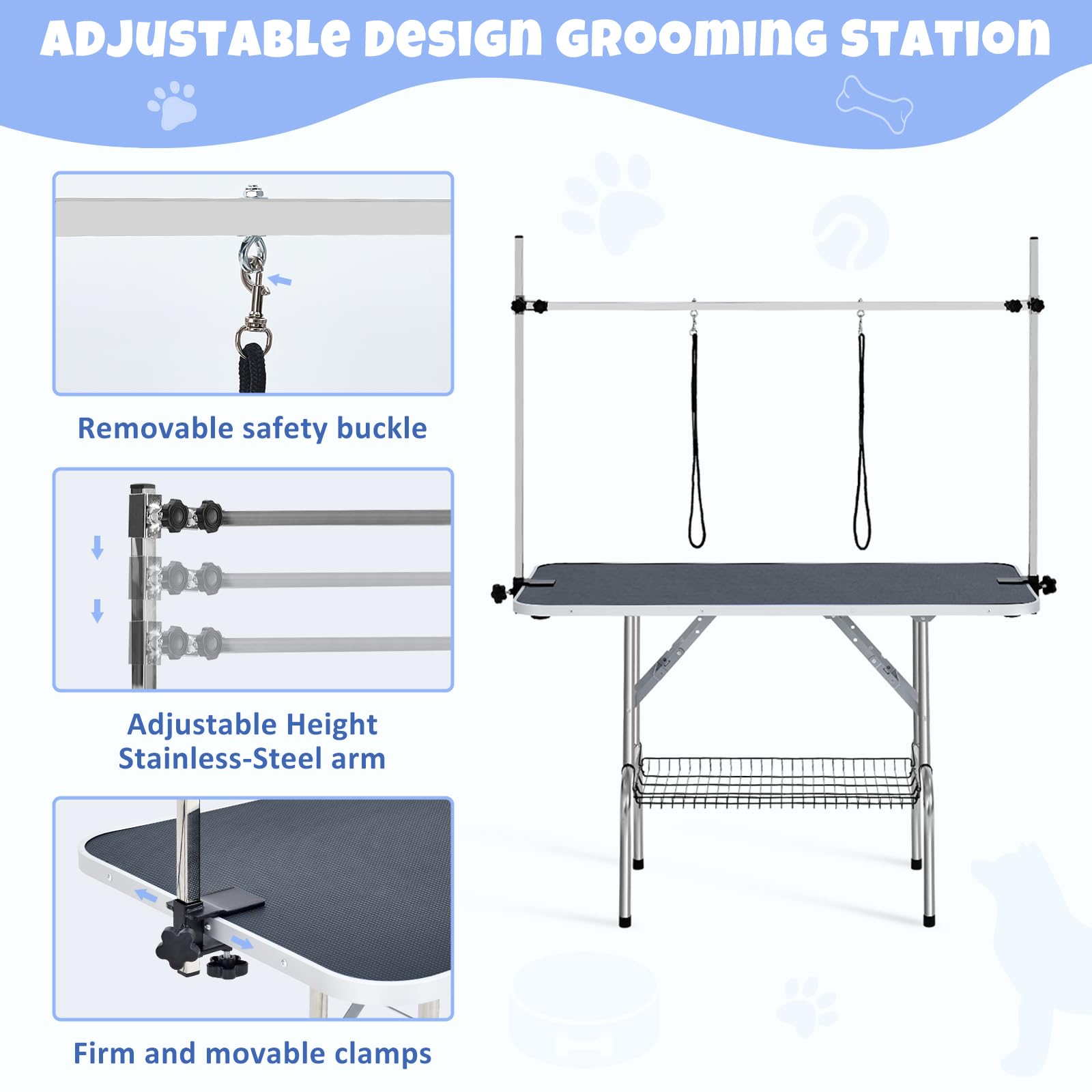 Garvee 48" Dog Grooming Table Adjustable Height Pet Drying Desktop Foldable Pet Grooming Table with Arms, Nooses, Mesh Tray, Foldable Pet Station Max Capacity Up to 330Lbs (Black)