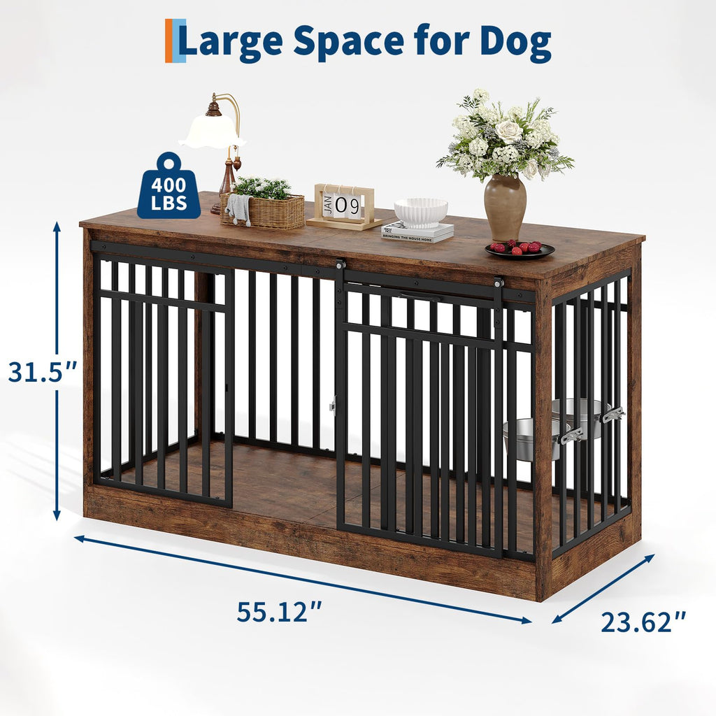Garvee 55" Extra Large Dog Crate Furniture Heavy Duty Metal Wooden Dogs Kennel Indoor Dog Cage Sliding Door 2 Bowls Medium Large Dogs TV Stand Rustic Brown