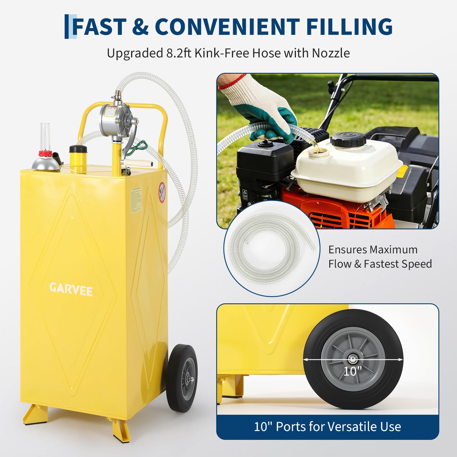 Garvee 30 Gallon Fuel Gas Caddy Storage Tank Portable Gas Caddy With Wheels Reversible Manual Hand Pump Fuel Hose For ATV Car Mower Tractor Boat