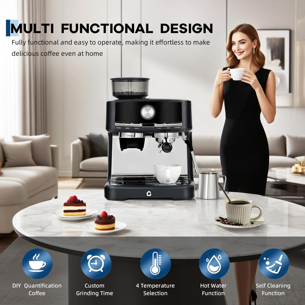 Garvee 20 Bar Pressure Espresso Machine with Grinder, Milk Frother for Home/Office, 1.5L Removable Tank, Adjustable Shot Volume, Silver
