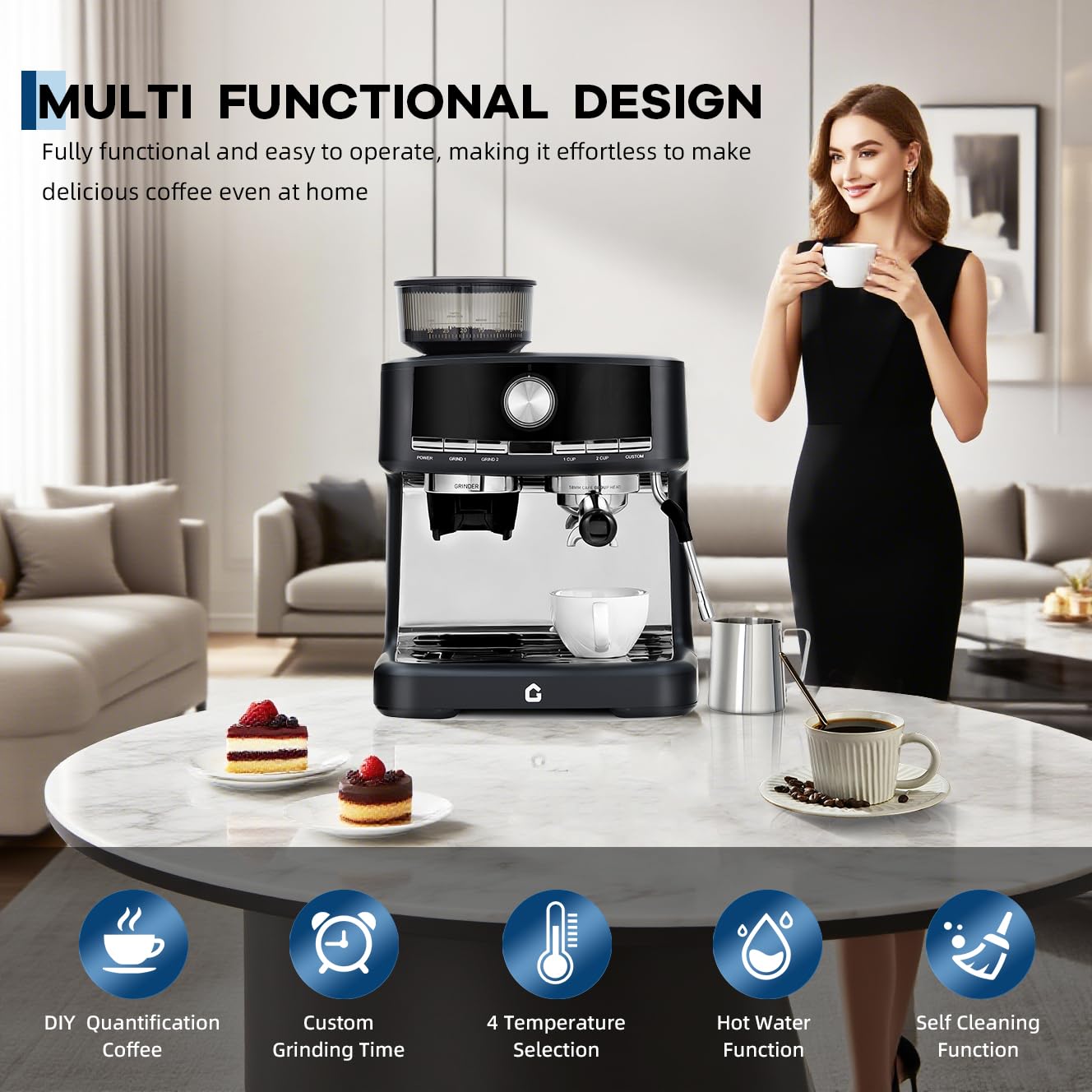 Garvee 20 Bar Pressure Espresso Machine with Grinder, Milk Frother for Home/Office, 1.5L Removable Tank, Adjustable Shot Volume, Silver