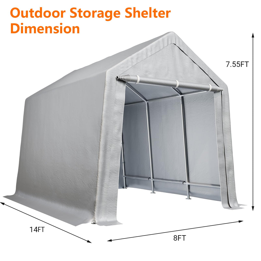 Garvee 8'x14' Portable Shed, Outdoor Storage Shelter with Metal Frame, Waterproof, Grey