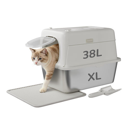 Garvee Stainless Steel Litter Box with Lid Large Enclosed Cat Box for Big Cats Metal High Sided Enclosure Scoop Litter Mat Odor Free