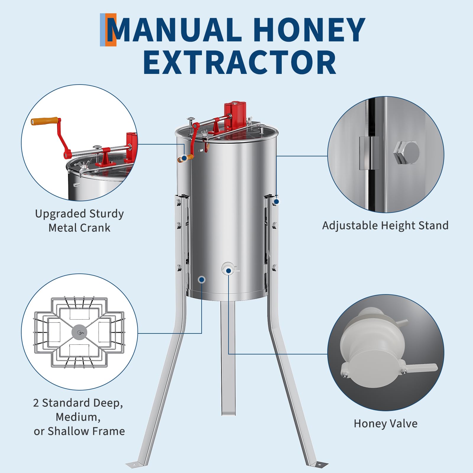 Garvee  2/4 Frame Manual Honey Extractor with Side Handles, Food-Grade Stainless Steel Beekeeping Extractor with Adjustable Stand