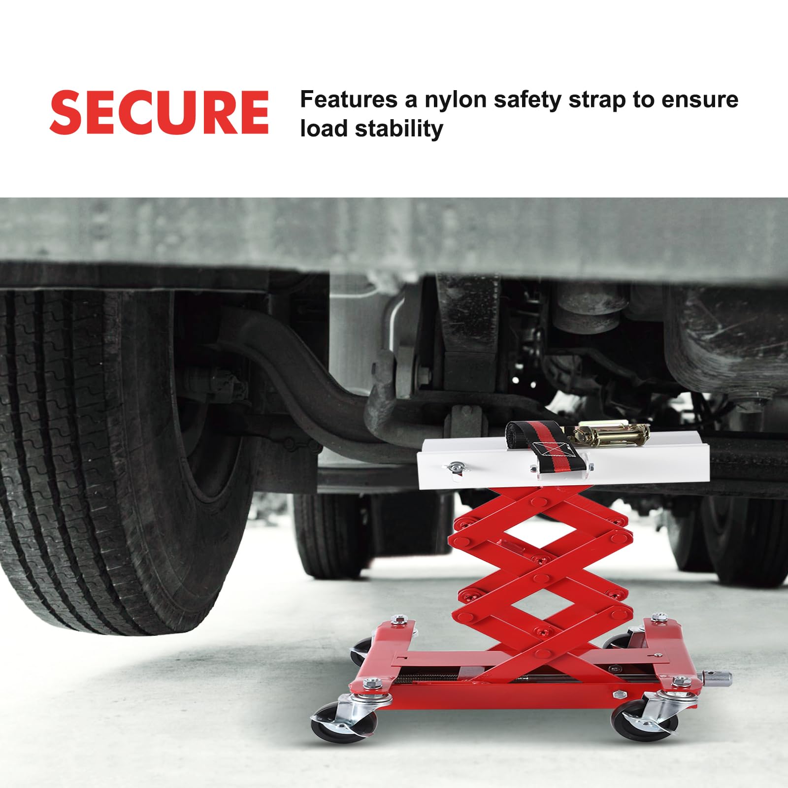 Garvee 450 LBS Capacity Low Profile Transmission Jack with 2M Safety Straps, 7-23 in Lift Range, Heavy Duty Auto Repair Lifting Jack, Red, Compact Vehicles