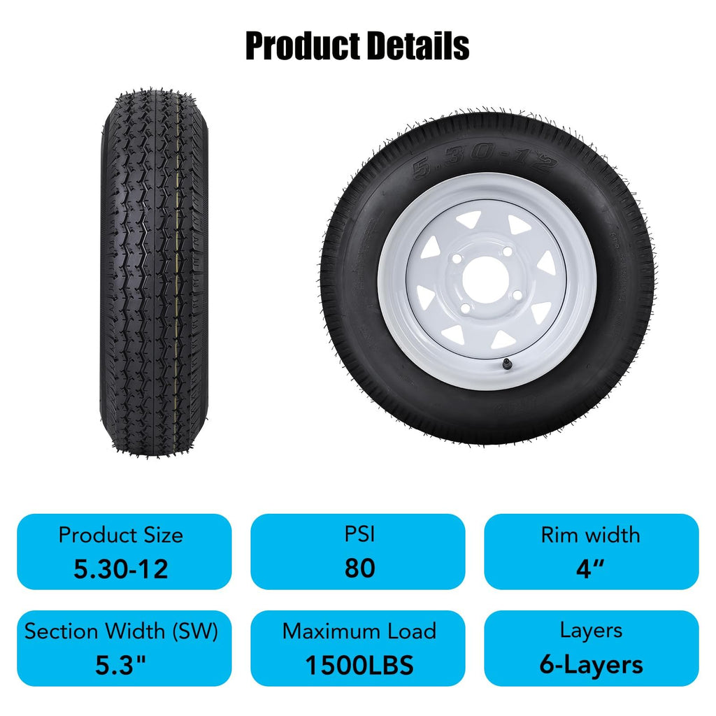 Garvee 5.30-12 Trailer Tires, 2 Pack, Load Range C 6PLY, 12"x4" Rims 4 Lug on 4", Max Load 1050 LBS @ 80 PSI, DOT Approved Durable Design for Utility & Boat Trailers