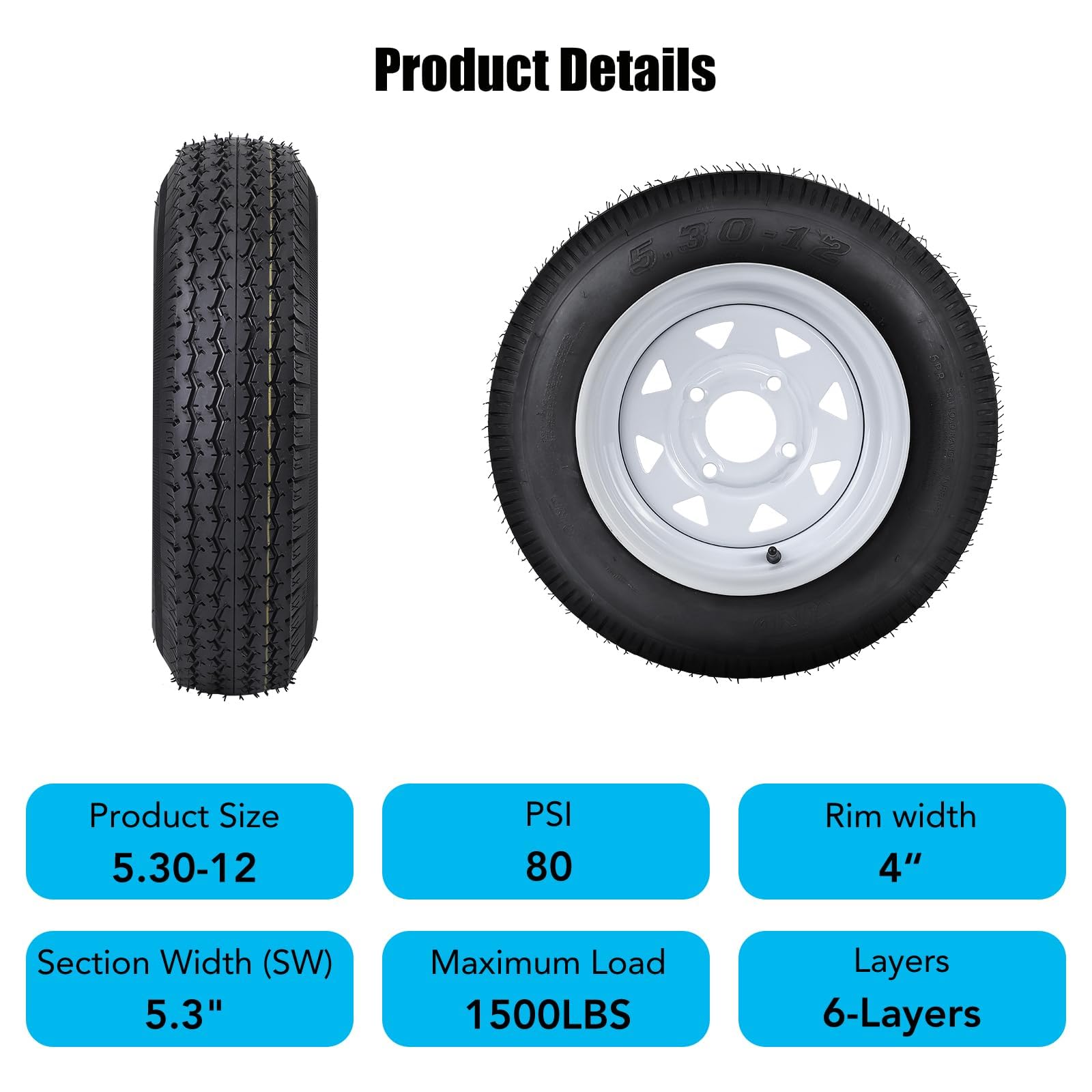 Garvee 5.30-12 Trailer Tires, 2 Pack, Load Range C 6PLY, 12"x4" Rims 4 Lug on 4", Max Load 1050 LBS @ 80 PSI, DOT Approved Durable Design for Utility & Boat Trailers