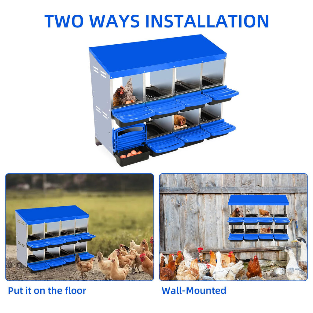 Garvee Chicken Nesting Box 8-Hole Roll Away Egg Laying Box with Lid Heavy-Duty Galvanized Steel Rustproof Design Wall-Mountable Blue