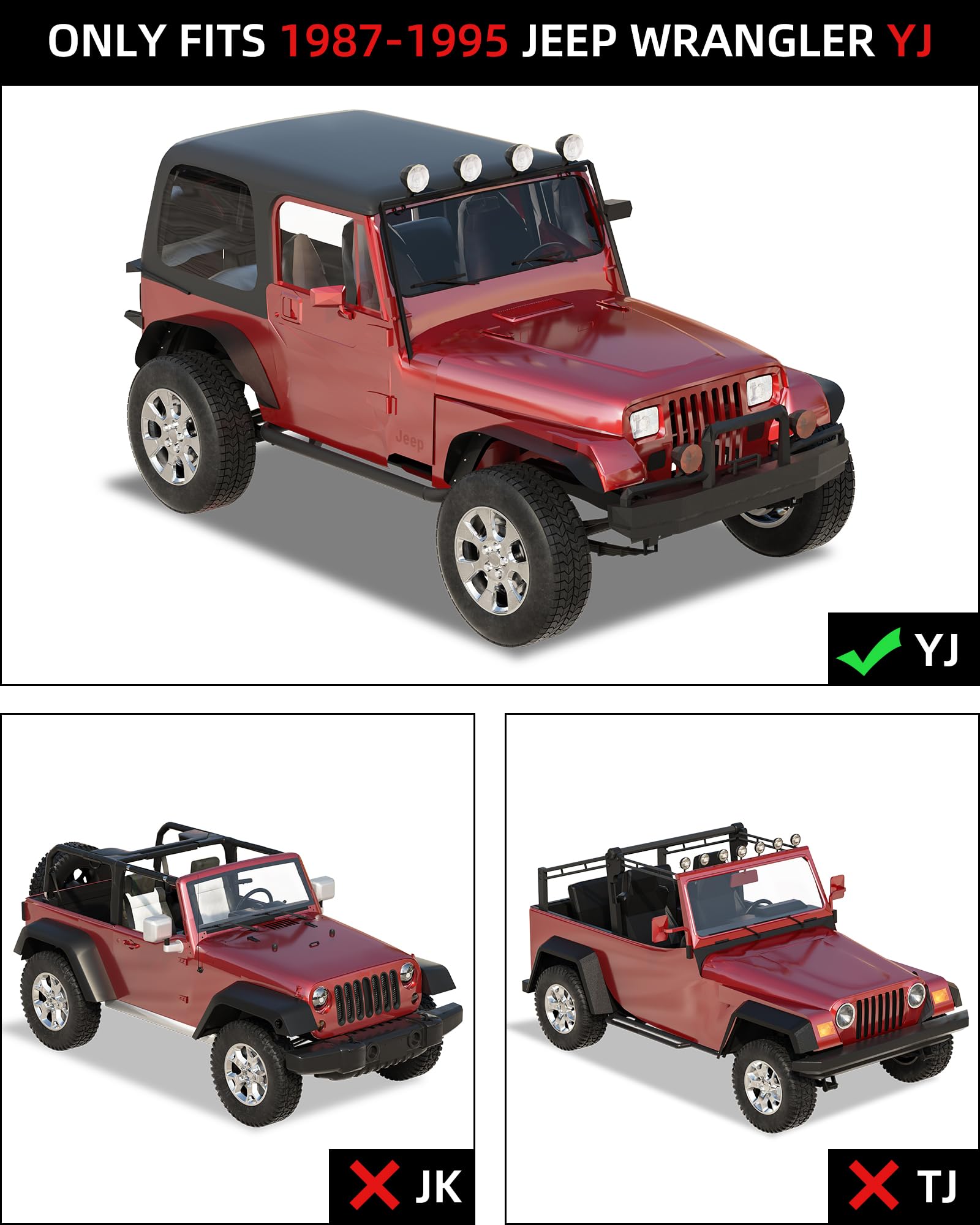 Garvee 4 PCS Flat Front & Rear Fender Flares Fits For 1987-1995 Jeep Wrangler YJ, Off-Road Metal Steel Wheel Liner, Textured black