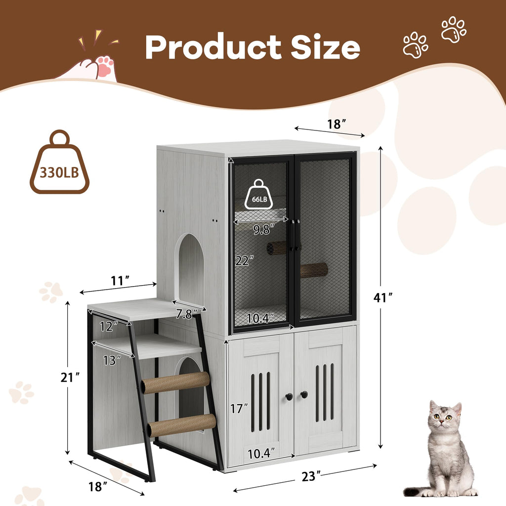 Garvee Cat Litter Box Enclosure With Doors Double Cat House Storage Space Ladder Retro White 22.6"L x 17.7"W x 10.9"H