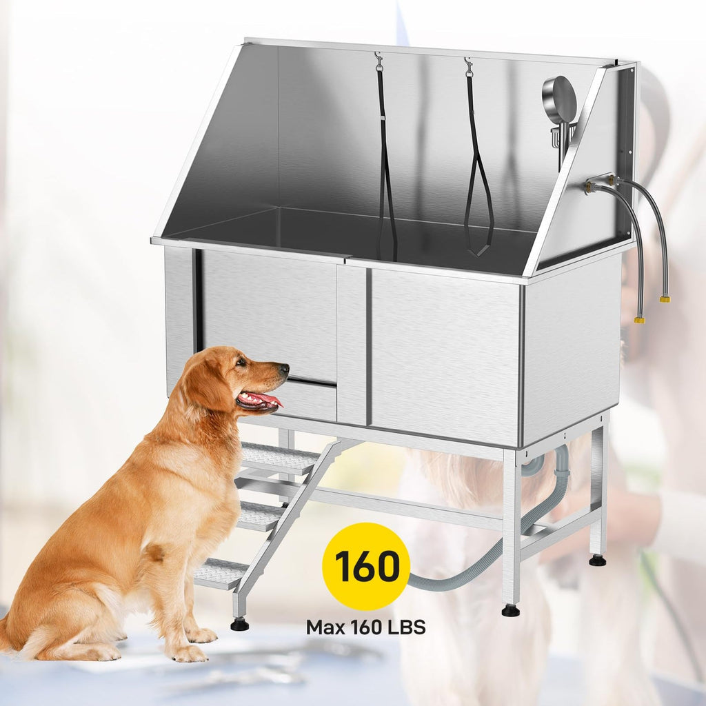 Garvee 50" Dog Grooming Bathtub, Professional Stainless Steel Pet Dog Bathing Station for Large Pets, Left Door & Stairs with Faucet, Sprayer, Drain