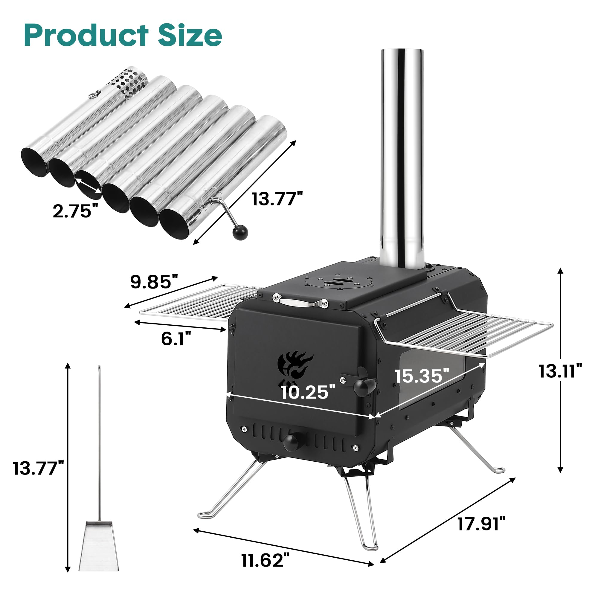 Garvee Outdoor Portable Wood Stove, Tent Stove,Wood Burning Stove for Camping,Cast Iron Wood Stove,Tent Heaters for Camping, Includes Chimney Pipes ans View Glass,Ice-fishing, Cookout, Hiking, Travel