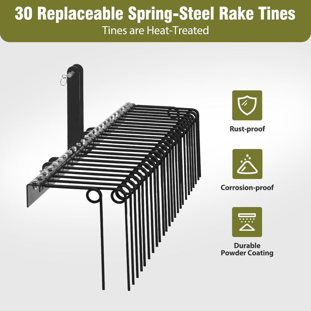 Garvee 72" Pine Straw & Landscape Rake – 30 Coil Spring Tines, Powder-Coated Steel Tow-Behind with 3-Point Hitch for Category 0 & 1 Tractors (Leaves, Grass, Debris)