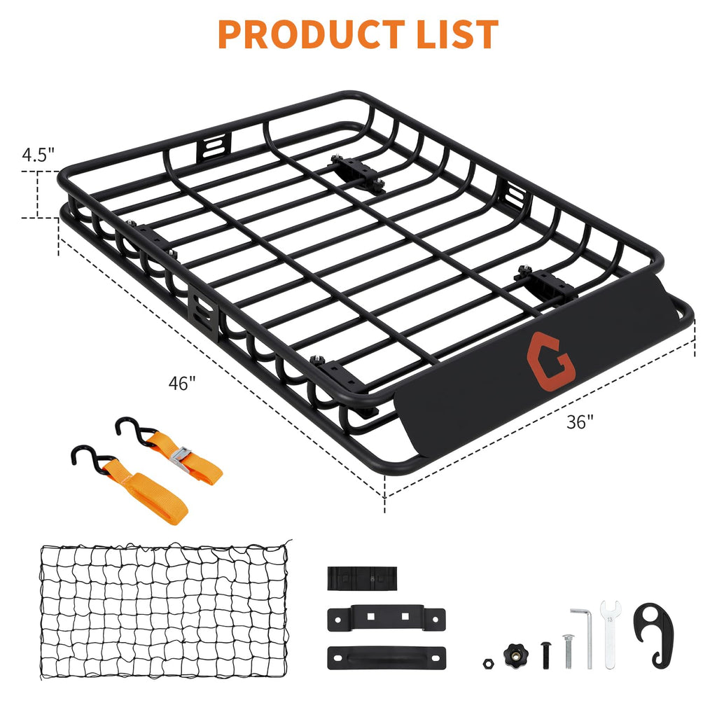 Garvee Roof Rack Cargo Carrier Basket - 46"x36"x4.5" with Cargo Net and Luggage Holder, 200 lbs Capacity, Universal Fit for Pickup Trucks, Black
