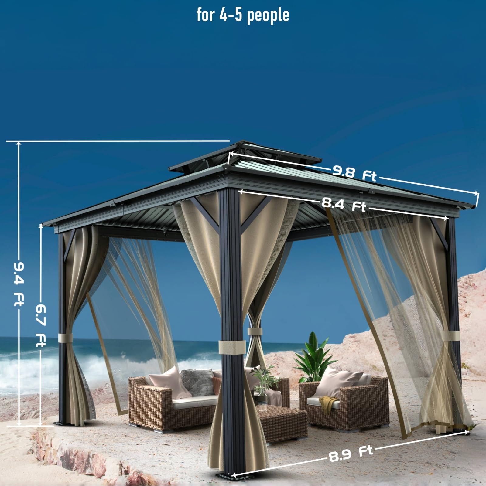Garvee 10'x10' Hardtop Gazebo with Double Metal Roof Aluminum Frame, Net & Curtain, All-Weather Patio Shelter for Deck, Garden & Backyard, Khaki