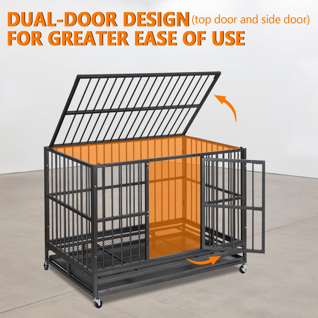 Garvee 48" Heavy Duty Dog Crate, Cage Kennel with Wheels&Brakes, High Anxiety Indestructible, Sturdy Locks Design, Double Door and Removable Tray for Large Pets(Black)