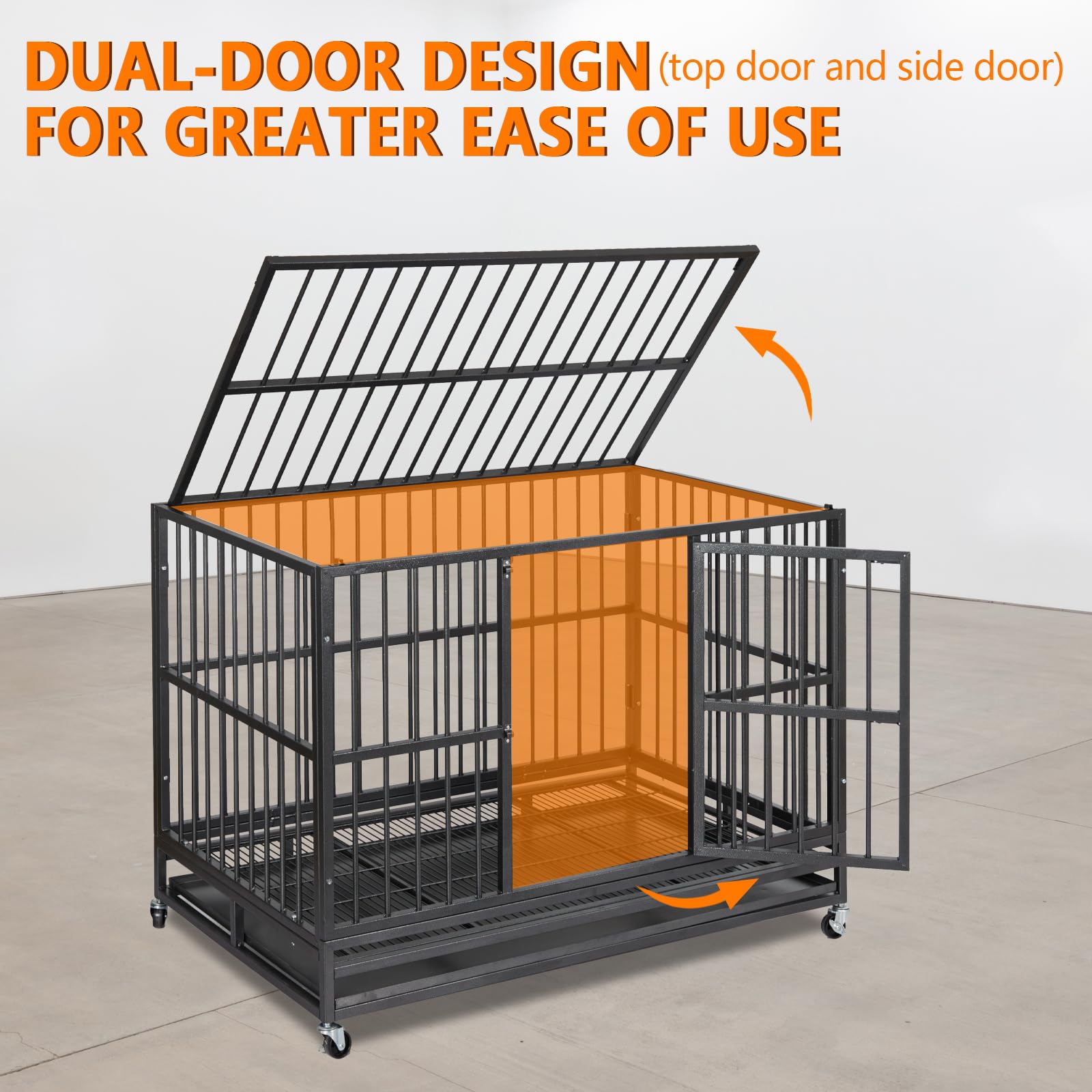 Garvee 48" Heavy Duty Dog Crate, Cage Kennel with Wheels&Brakes, High Anxiety Indestructible, Sturdy Locks Design, Double Door and Removable Tray for Large Pets(Black)