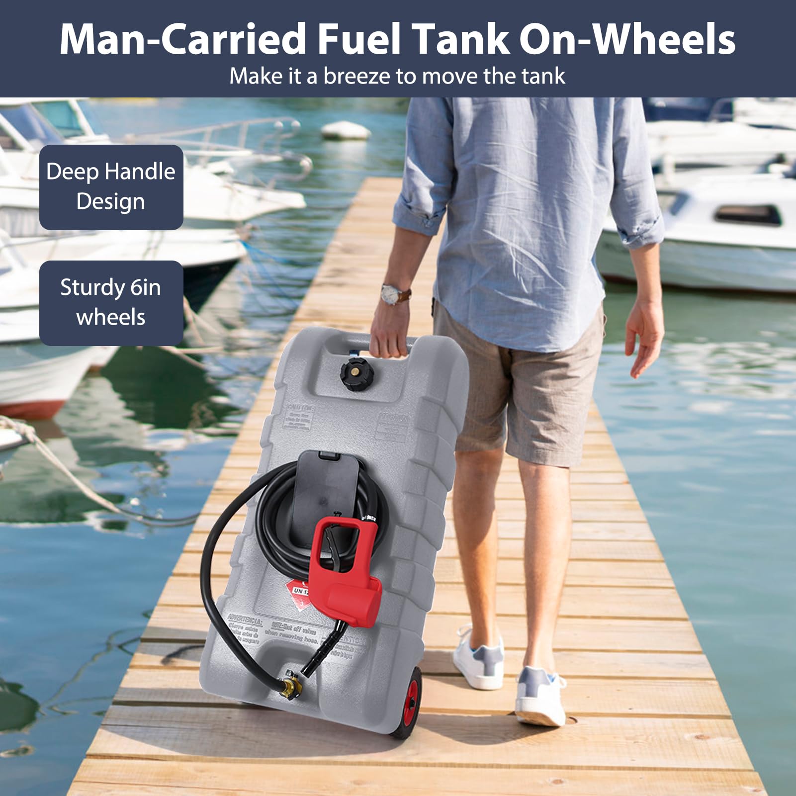 Garvee Fuel Caddy, 15 Gallon Portable Gas Fuel Tank Container with LE Fluid Transfer Siphon Pump and 10ft. Delivery Hose, Diesel Storage Can On-Wheels for Cars, Lawn Mowers, ATVs, Boats, Gray