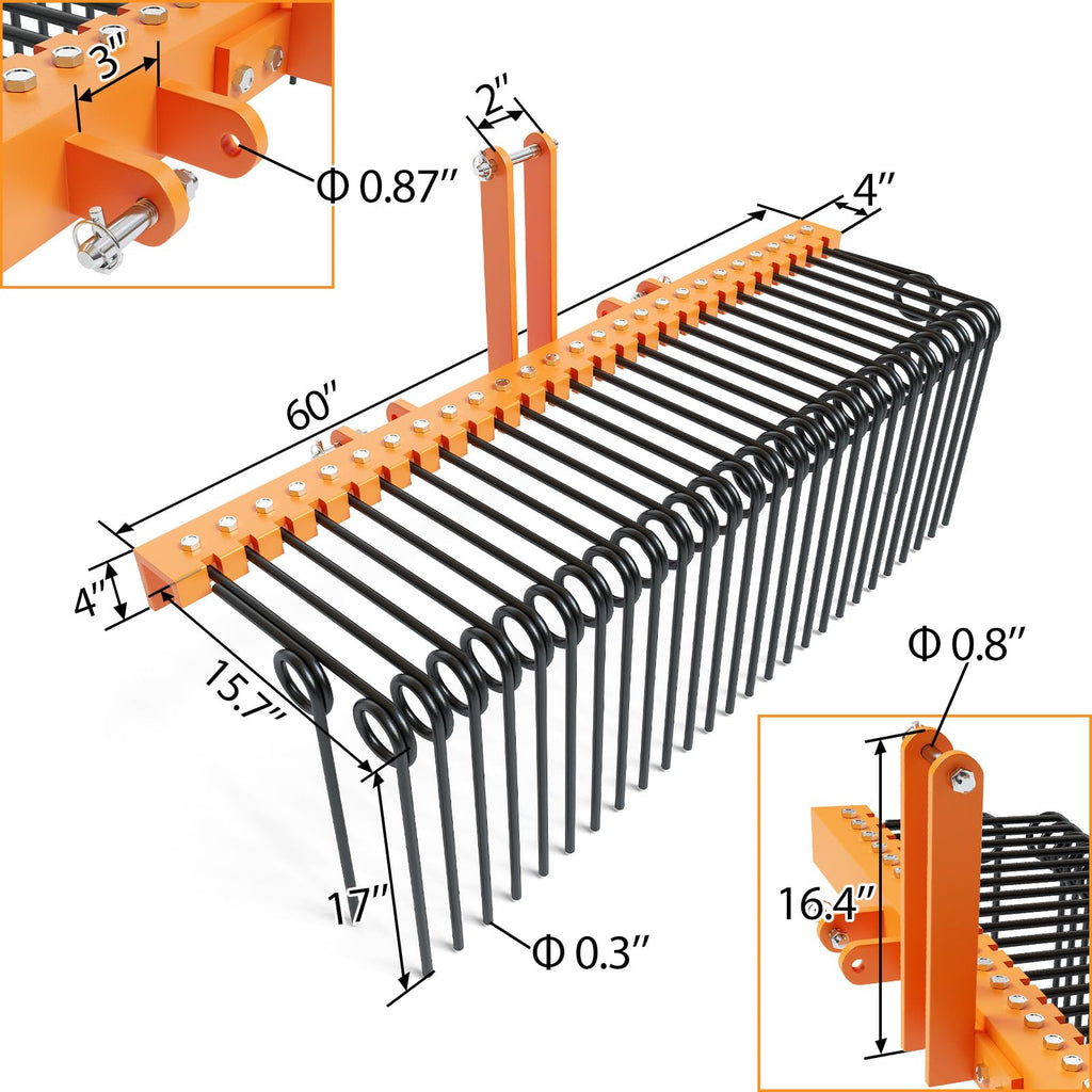 Garvee 60 Inches Pine Straw Needle Rake, 8mm 26pcs Coil Spring Tines, Durable Powder Coated 3 Point Straw Rake,Steel Spring Landscape Rake Fit for Cat1 Tractors - Orange+Black