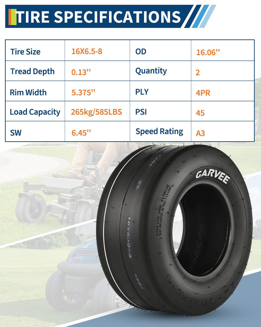 Garvee 2 Pack 16x6.50-8 Lawn Mower Tire, Smooth Pattern, Tubeless, 4PR, Turf Use, Black