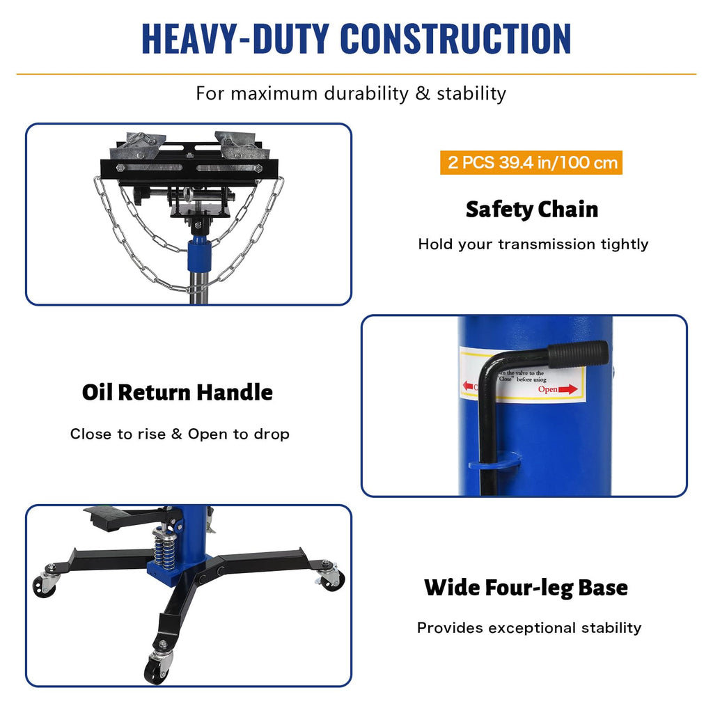 Garvee 1322lbs Transmission Jack Lift, 2-Stage Telescoping Hydraulic Transmission Jack with Anti-Slip Rubber Pad & Pedal, Dual-Column High Lift Hoist, 33.8"–72.8" Adjustable Height, Heavy Duty Garage Tool
