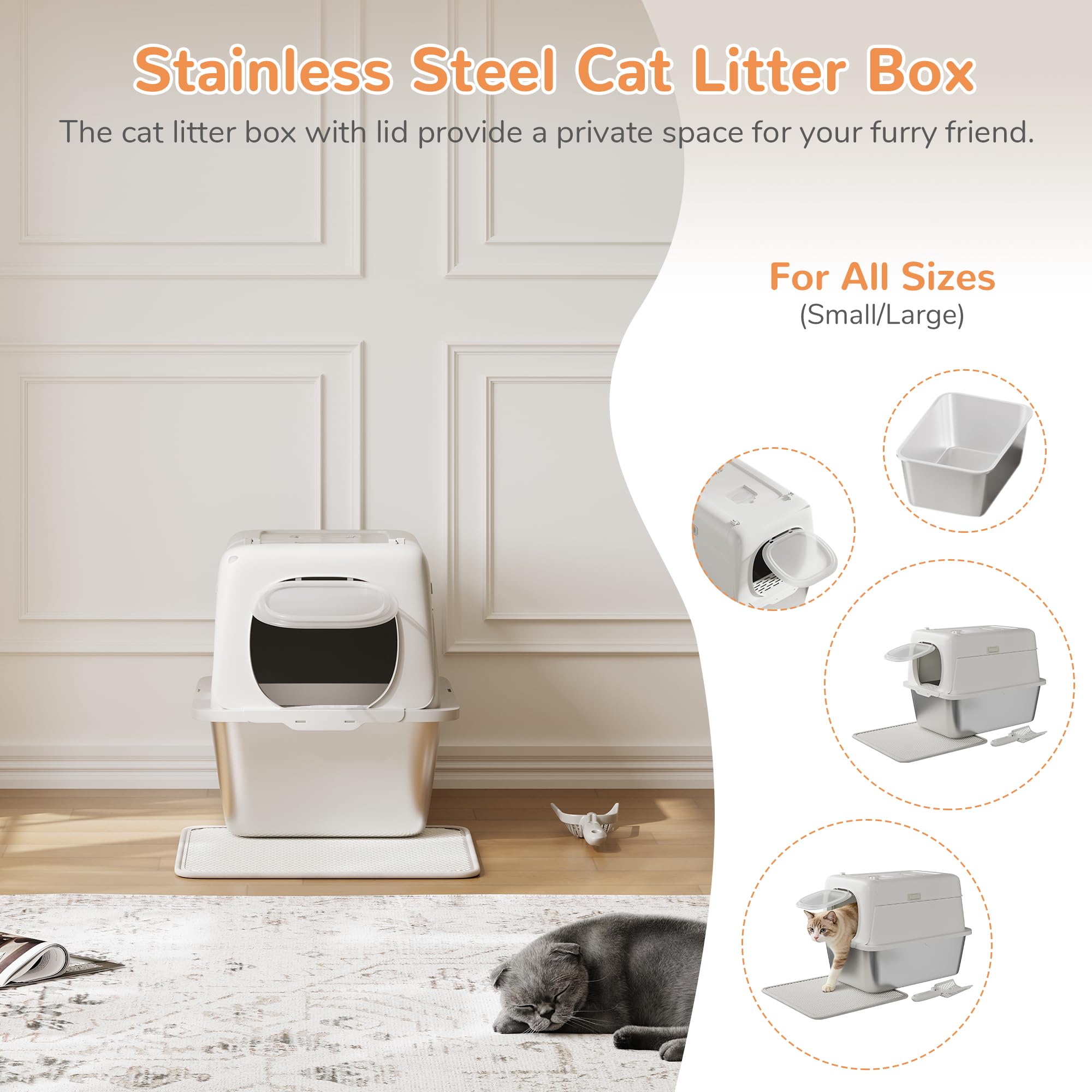 Garvee Stainless Steel Litter Box with Lid Large Enclosed Cat Litter Box for Big Cats Metal Cat Box with High Sided Enclosure Scoop Litter Mat Odor Free Anti-Leakage