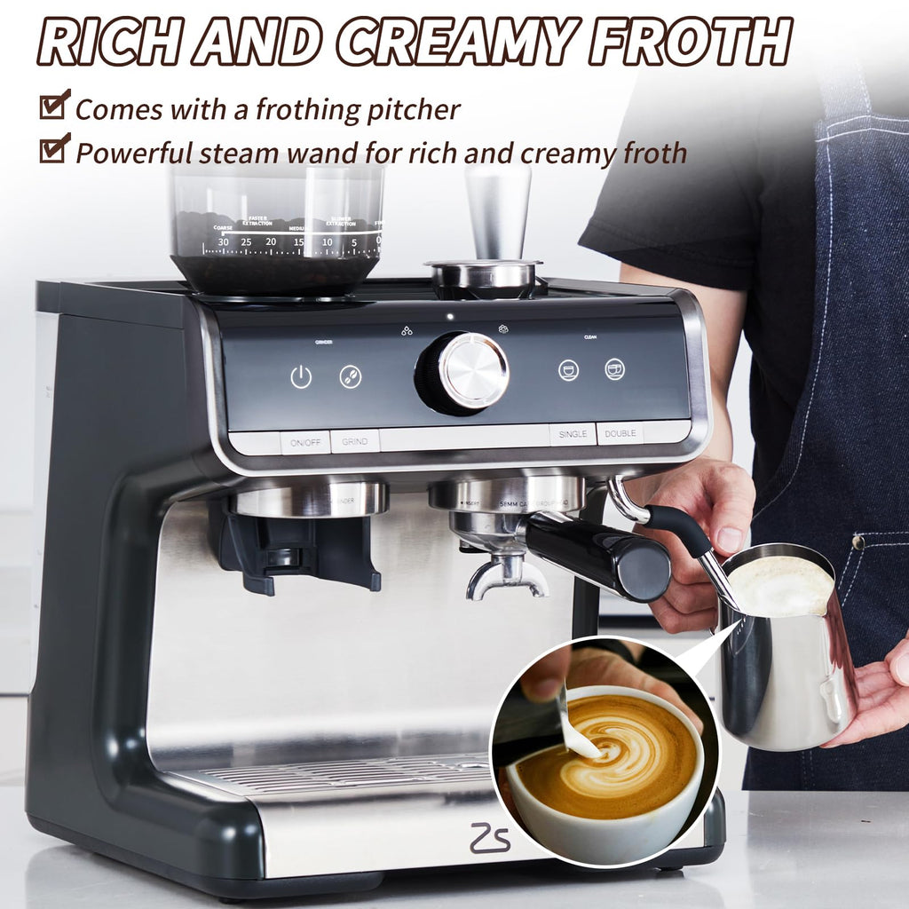 Garvee Professional Espresso Machine with Grinder: Brew Barista-Quality Coffee at Home,Professional Espresso Maker with Milk Frother Steam Wand, 20 Bar Barista Cappuccino Machine - Gray