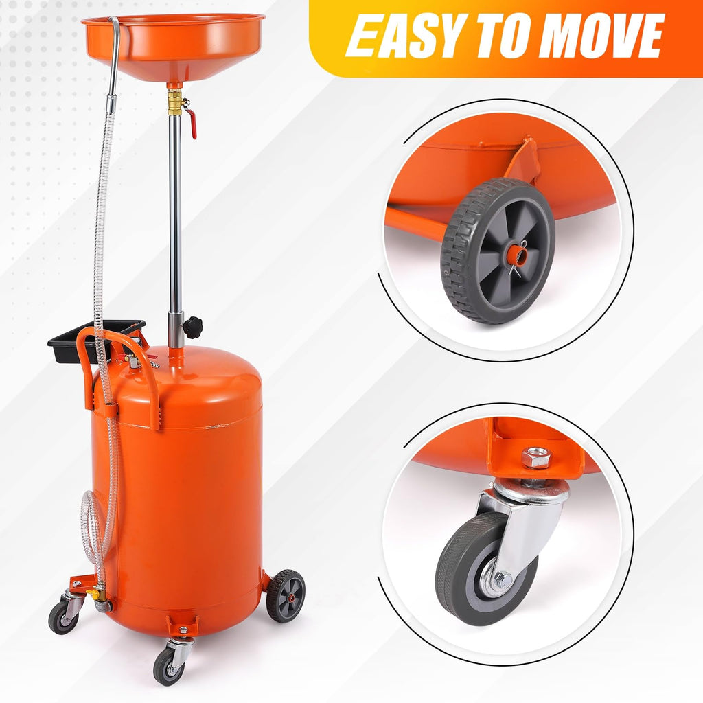Garvee 20 Gallon Oil Drain Tank, Portable Oil Drain Container with Adjustable Funnel Height 38"-65", Air Operated Drainage Fluid Fuel Transfer Drainage with 360° Wheels & Toolbox