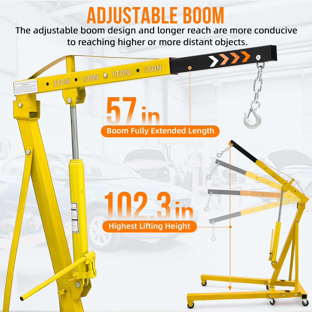 Garvee 2-Ton Engine Hoist with Lever - Heavy-Duty Folding Cherry Picker Engine Lift Hydraulic Shop Crane, 4000 lbs Capacity, Yellow