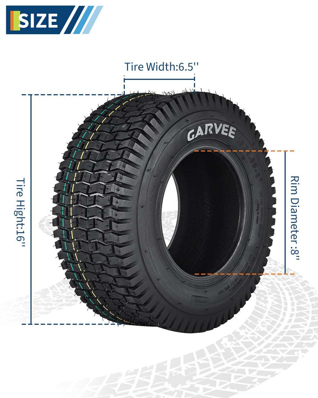 Garvee 2 Pack 16x6.50-8 Lawn Mower Tire V Pattern 4PR Tubeless Turf Tire for Lawn & Garden Mowers Utility Vehicles Black