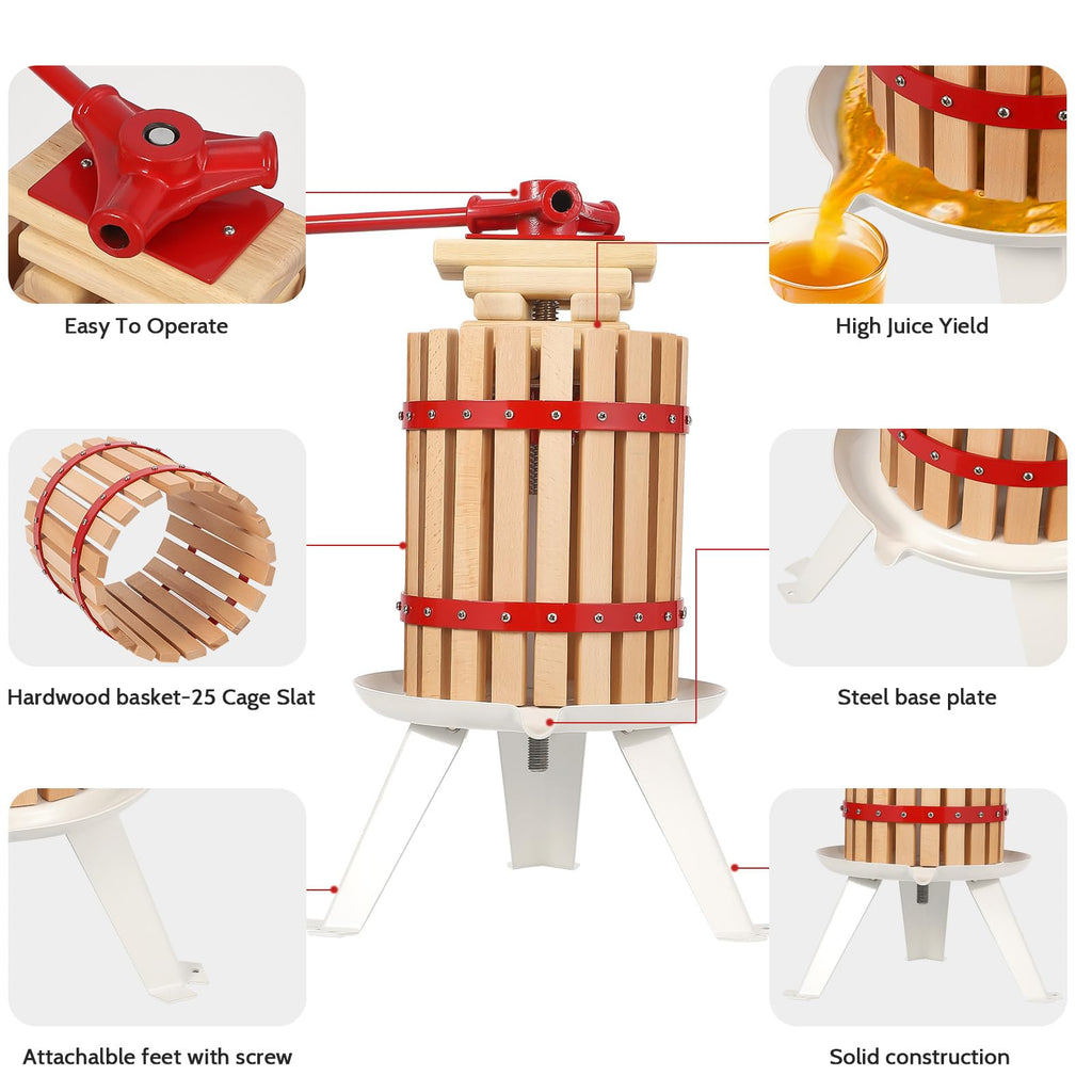 Garvee 1.6 Gal Manual Fruit Wine Press, Wood Steel Fruit and Wine Press With T-Handle, Stable Triangular Structure, Wine Making Press for Outdoor, Kitchen, Manual Assembly Required