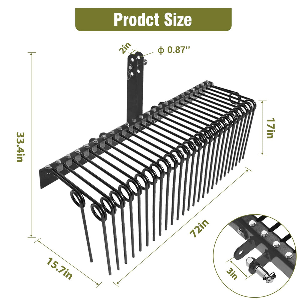 Garvee 72" Pine Straw & Landscape Rake – 30 Coil Spring Tines, Powder-Coated Steel Tow-Behind with 3-Point Hitch for Category 0 & 1 Tractors (Leaves, Grass, Debris)