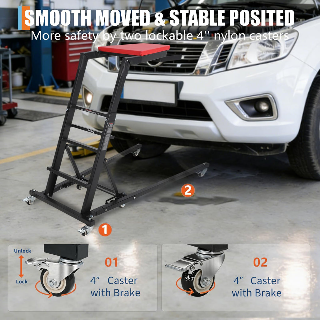 Garvee Heavy-Duty Foldable Automotive Engine Creeper, Adjustable Height 45" to 66", 400 lbs Capacity, with 6 Wheels, Storage Tray, and Padded Deck for Auto Repair & Trucks