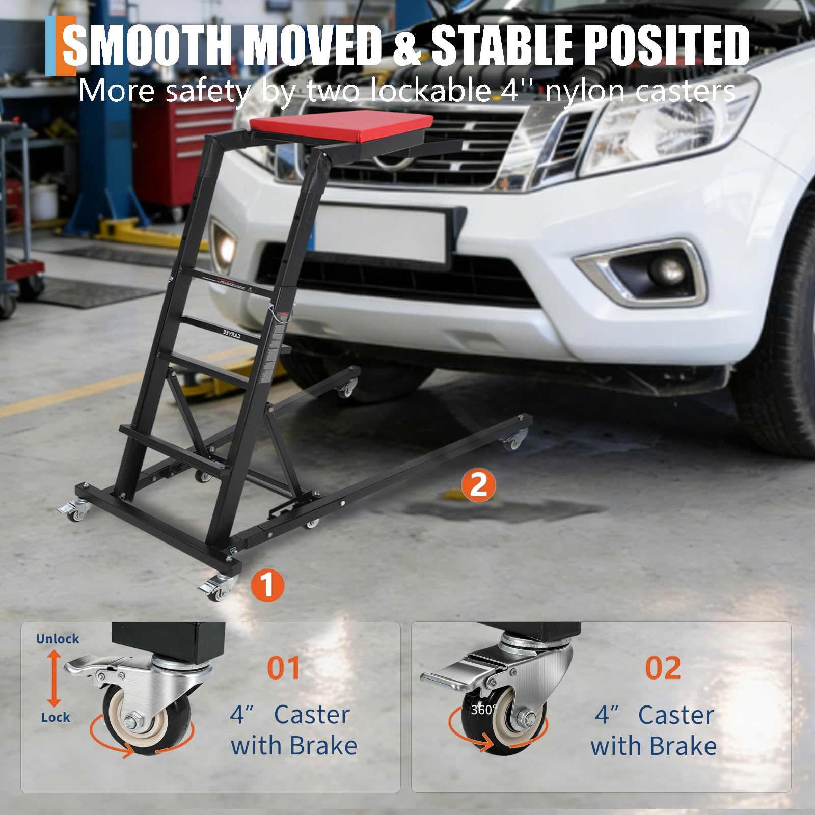 Garvee Heavy-Duty Foldable Automotive Engine Creeper, Adjustable Height 45" to 66", 400 lbs Capacity, with 6 Wheels, Storage Tray, and Padded Deck for Auto Repair & Trucks