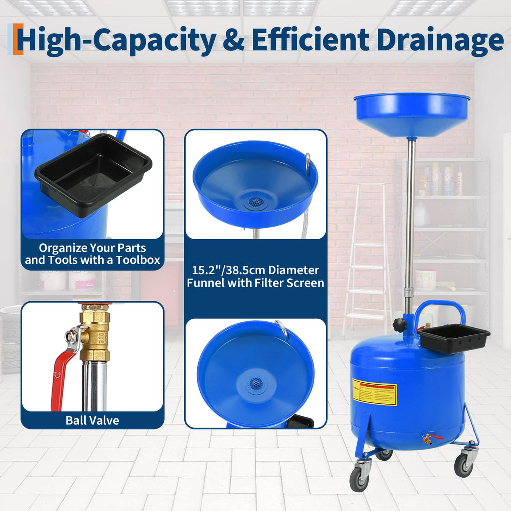 Garvee 8 Gallon Oil Drains Container Tank With 15 in Funnel, Adjustable Height 28"-62", Heavy-Duty Rust-Proof Wheels, Built-in Toolbox for Auto Repair, Blue