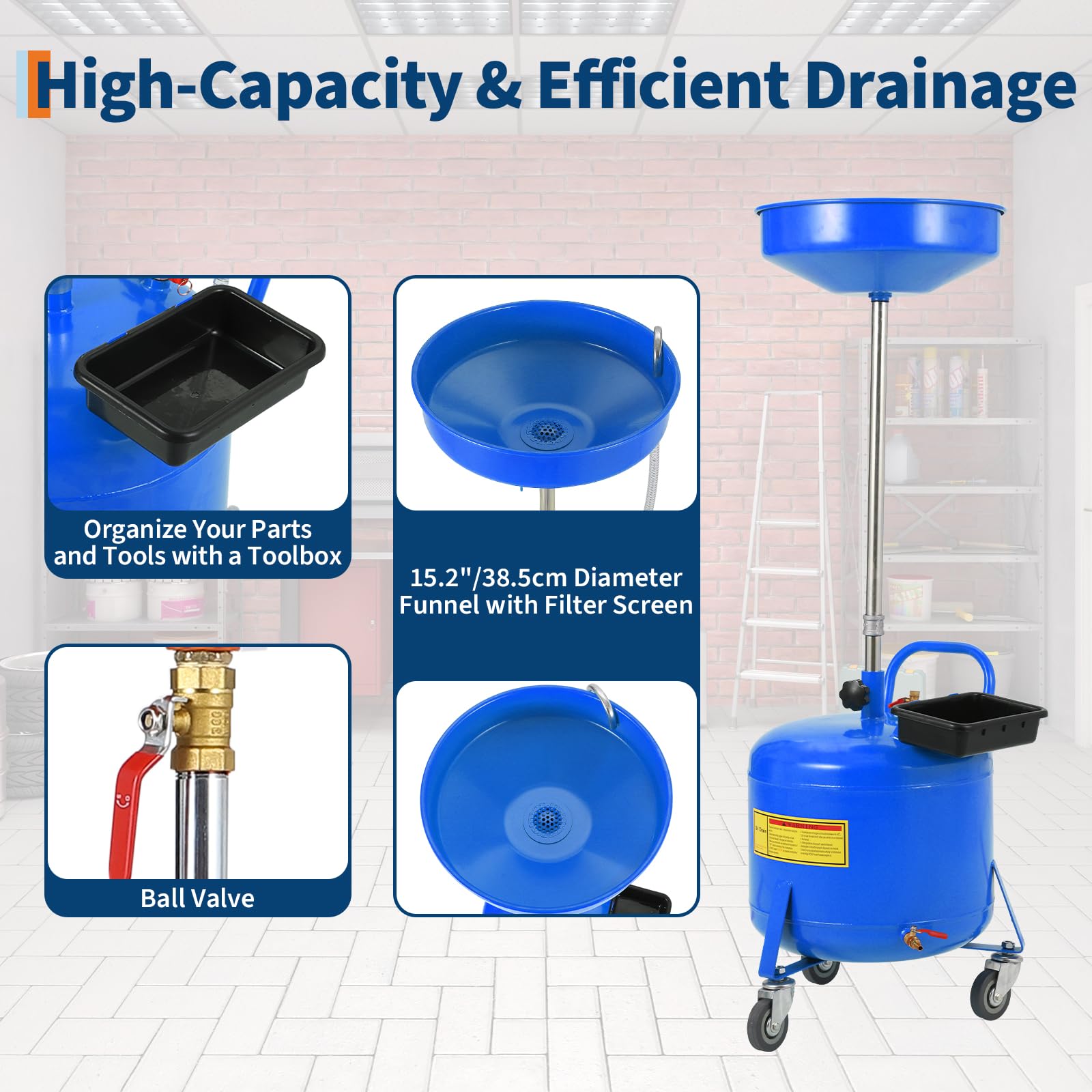 Garvee 8 Gallon Oil Drains Container Tank With 15 in Funnel, Adjustable Height 28"-62", Heavy-Duty Rust-Proof Wheels, Built-in Toolbox for Auto Repair, Blue