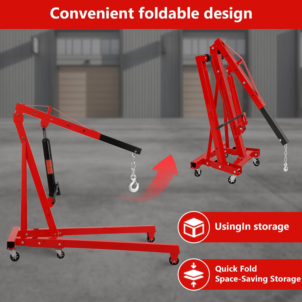 Garvee 4000LB Folding Engine Crane Engine Hoist Cherry Picker 2Ton Ship Crane Heavy Duty Steel Lift Garage Workshop Auto Repair Foldable Stand 6 Caster - Red