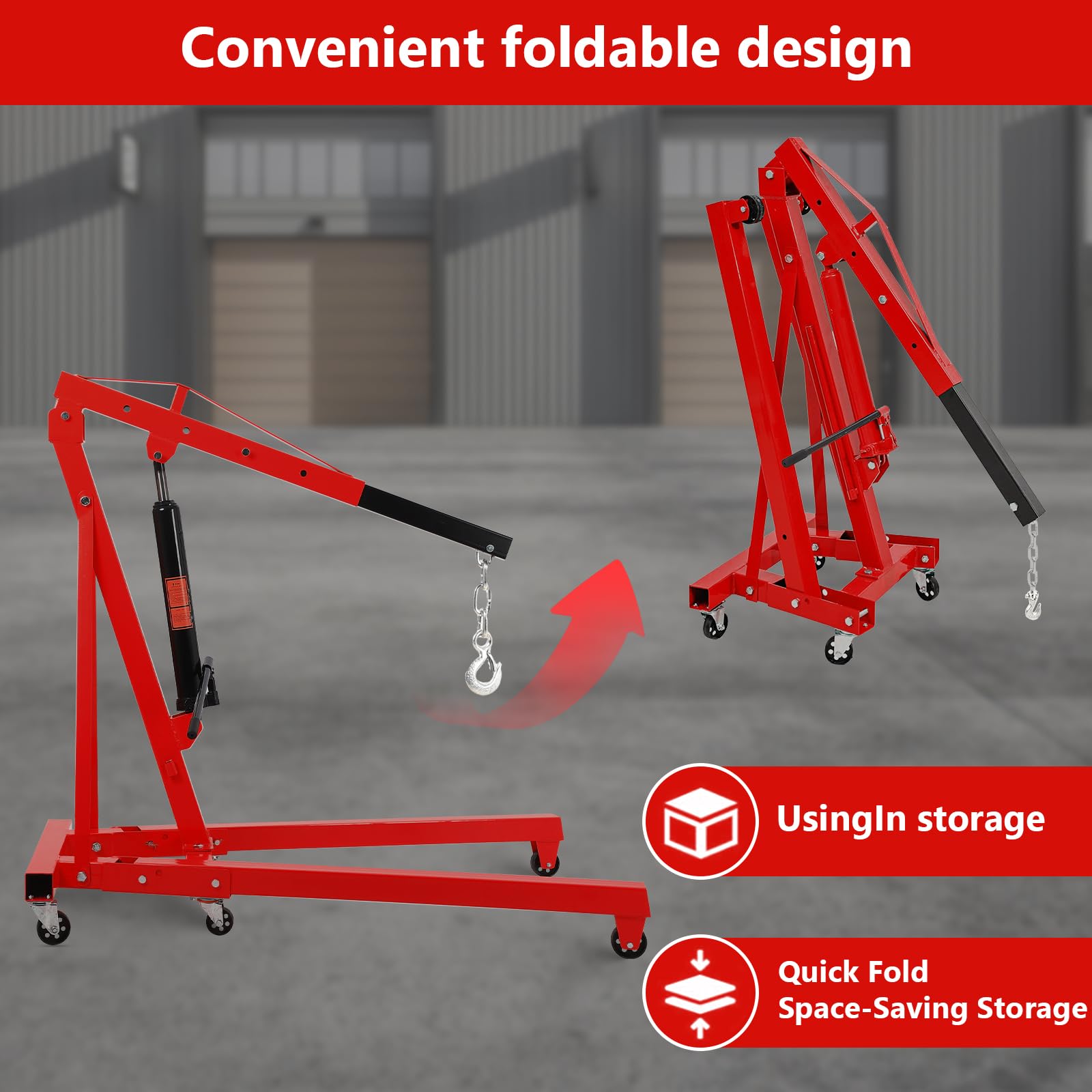 Garvee 4000LB Folding Engine Crane Engine Hoist Cherry Picker 2Ton Ship Crane Heavy Duty Steel Lift Garage Workshop Auto Repair Foldable Stand 6 Caster - Red